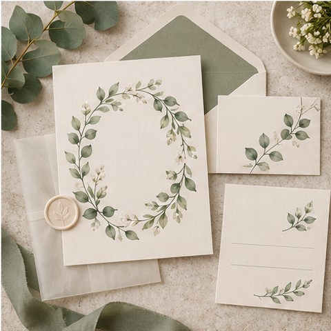 Wedding invitation suite with eucalyptus leaves